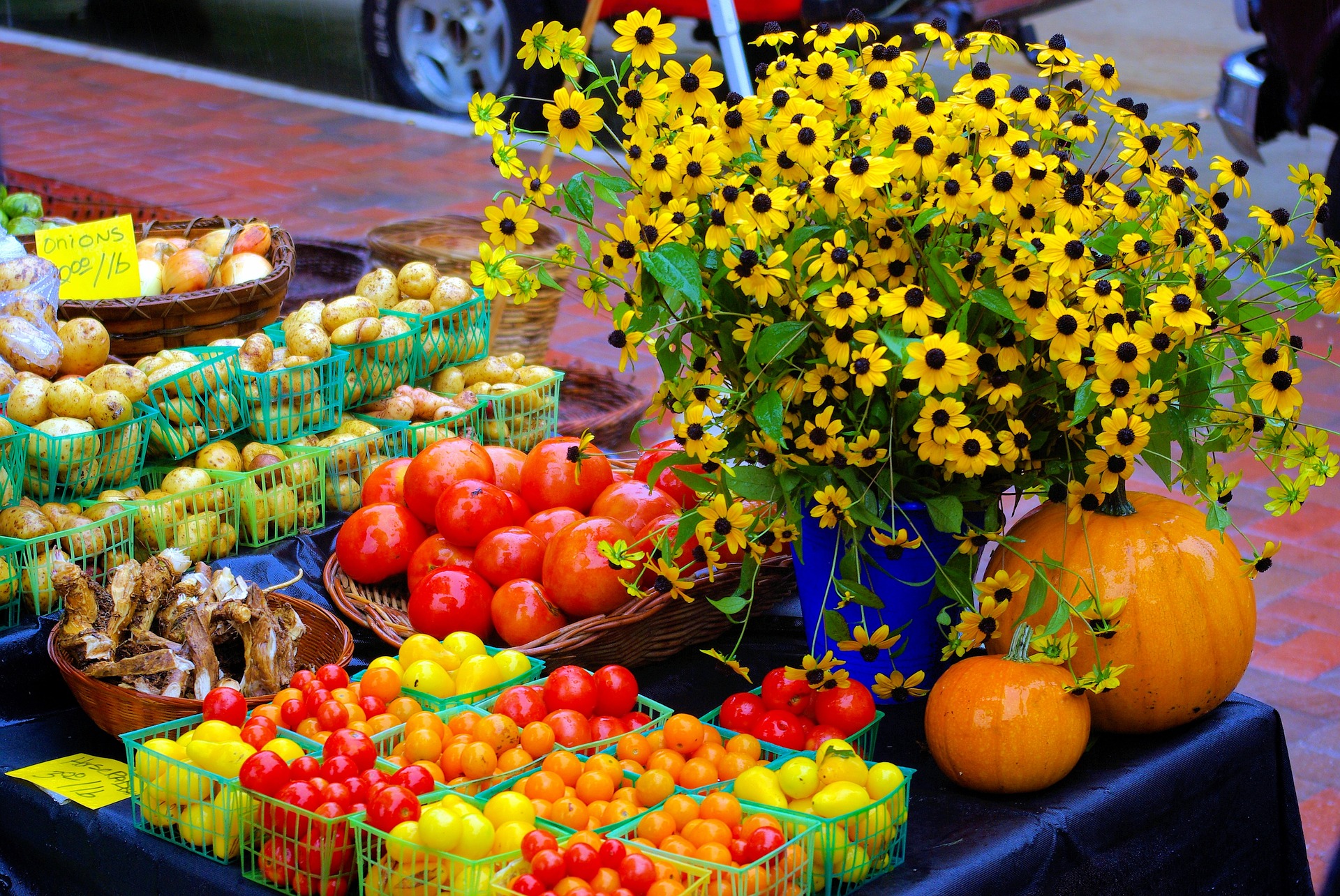 Marché des producteurs et artisans, vente de fleurs et plants de légumes bio
