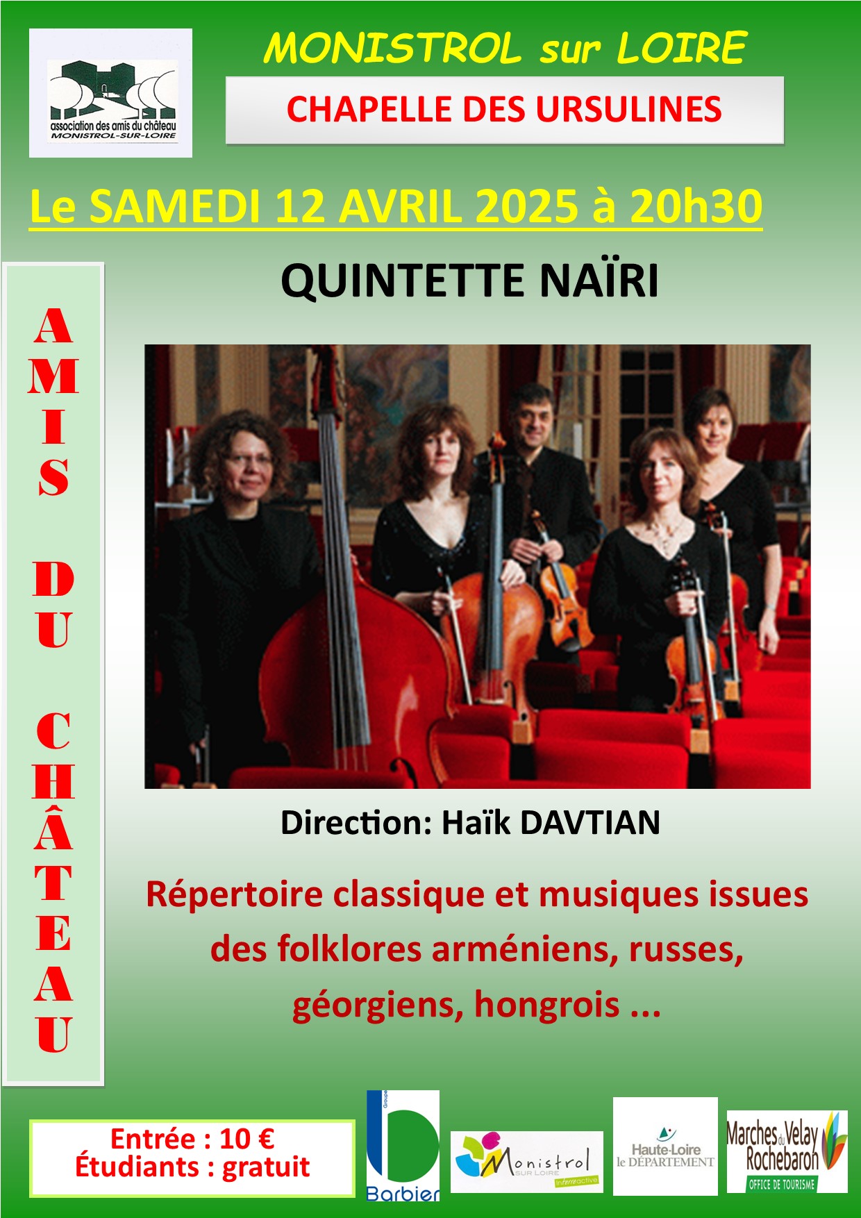 Concert à la Chapelle des Ursulines dans le cadre de "musique au château" : LE QUINTETTE NAIRI_Monistrol-sur-Loire