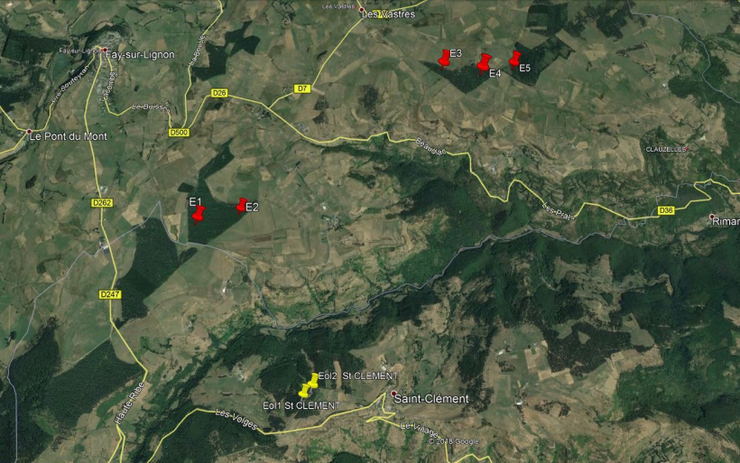 L'emplacement des éoliennes sur une carte de Haute-Loire.