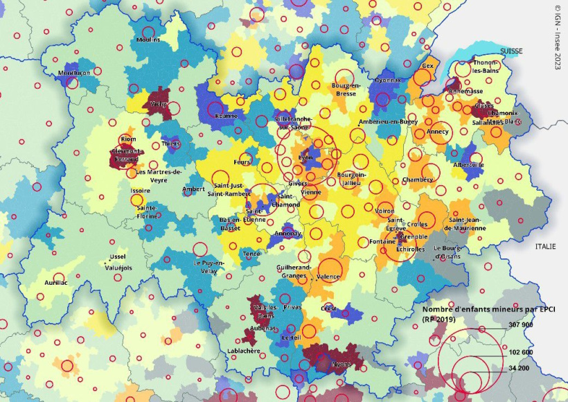 La carte de l'Insee sur les conditions de vie des enfants en AURA.