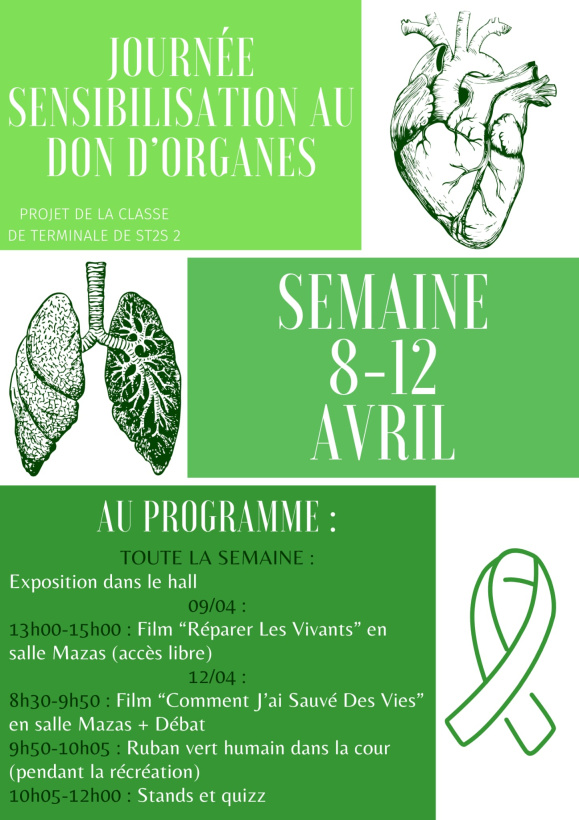 un certain nombre d'évènements seront présentés au Lycée autour du don d'organes