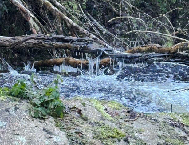 Des stalactites se dessinent au-dessous de l'eau