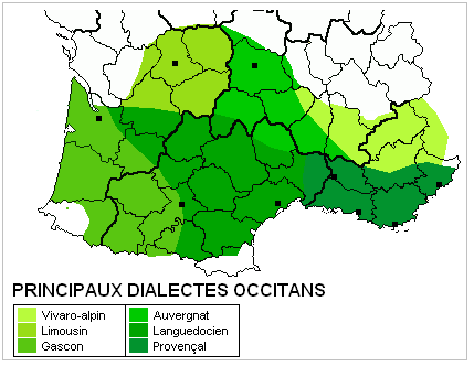 L'aire de répartition de l'Occitan, ou langue d'Oc, couvre la moitié Sud de la France.