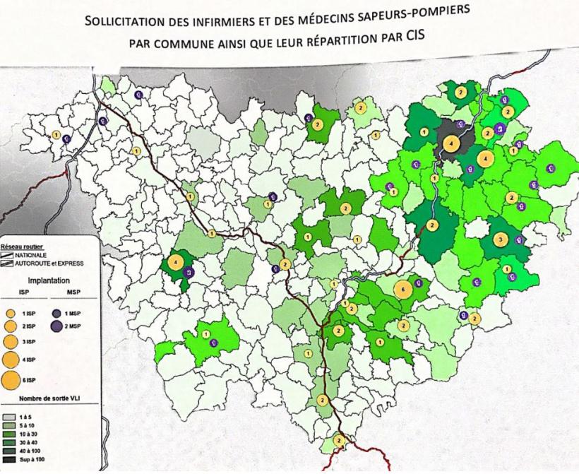 Carte du nombre de sollicitations d'infirmiers et médecins sapeurs-pompiers