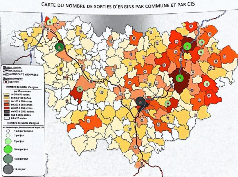 Carte du nombre de sorties d'engins par commune et par CIS