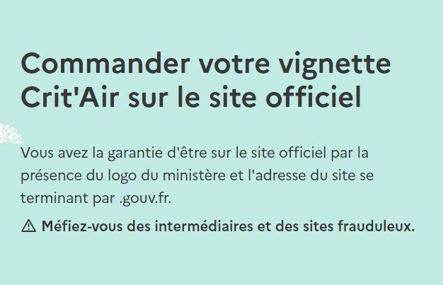 Message sur la page d'accueil du site gouvernemental avant de faire sa demande de vignette