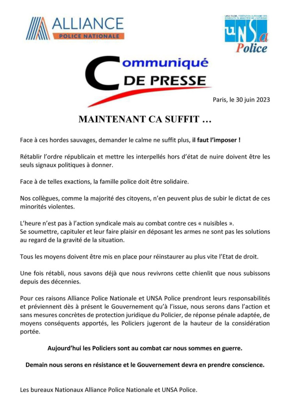 Communiqué de presse Alliance Police et Unsa Police, écrit le 30 juin 2023. 