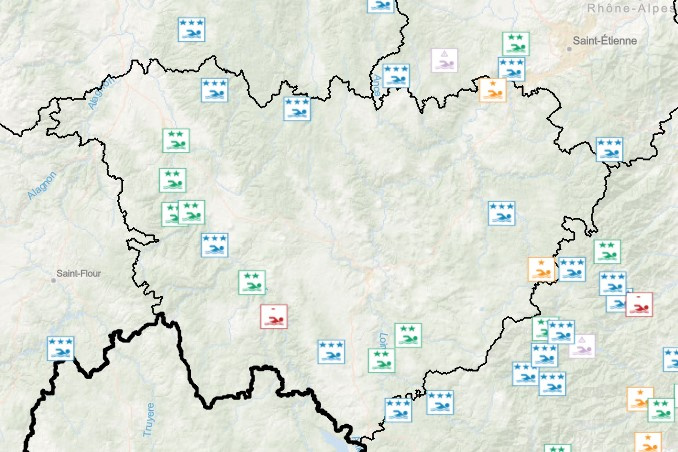 La carte de la Haute-Loire avec les coins de baignades auscultés par l'ARS. 