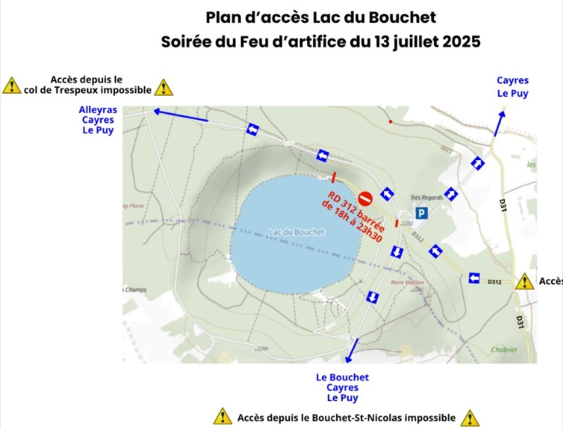 Plan d'accès au Lac du Bouchet pour le feu d'artifice. 