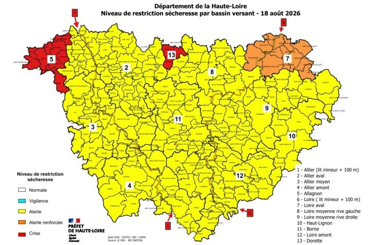Carte arrêté sécheresse du 18 août 2026 en Haute-Loire