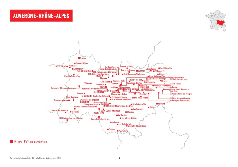 Carte de la répartition des micro-folie en AURA prise sur le site officiel de La Villette