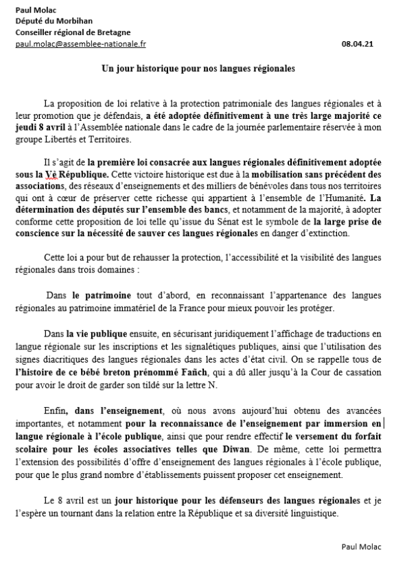 Le député Paul Molac réagit à l'adoption de sa proposition de loi.