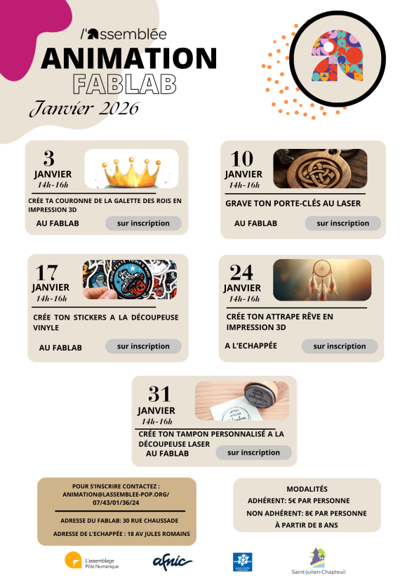 Les animations du FabLab L'Assemblée du mois de janvier 2026. 