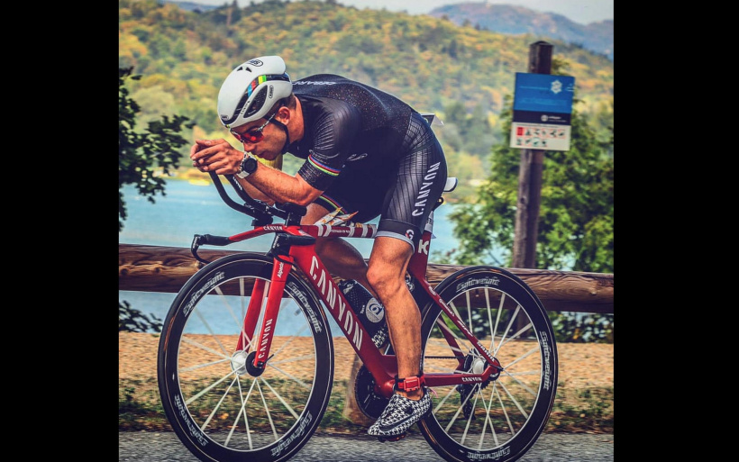 Théo Debard on a bicycle.