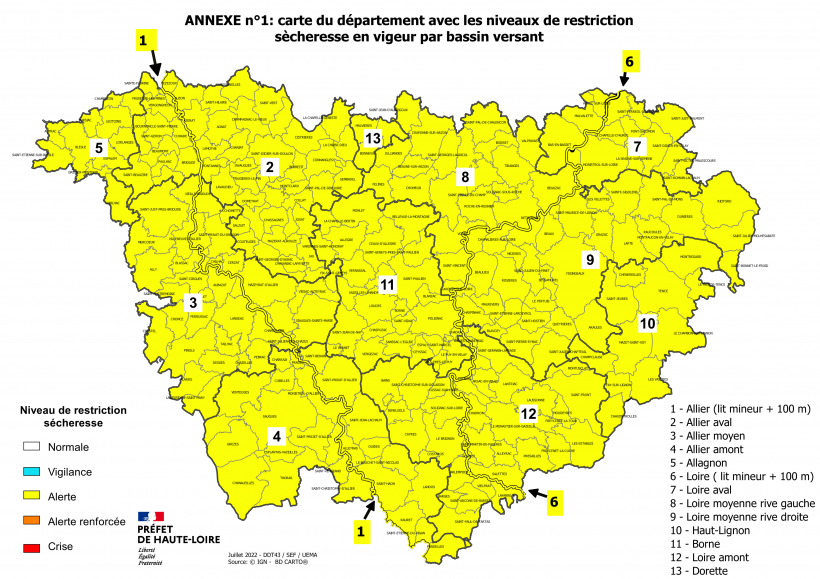 Carte de sècheresse niveau alerte en Haute-Loire