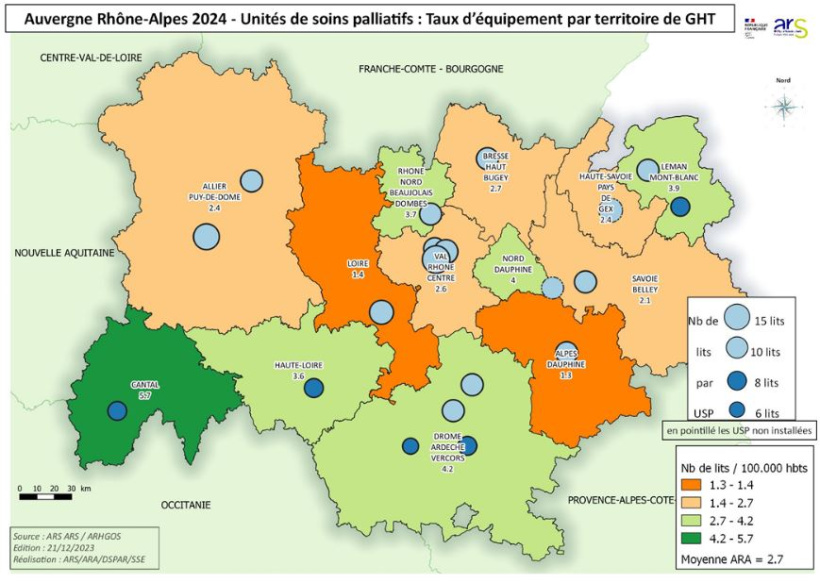 Unités soins palliatifs AuRA : taux d’équipement par territoire en 2023 pour 100 000 hab.