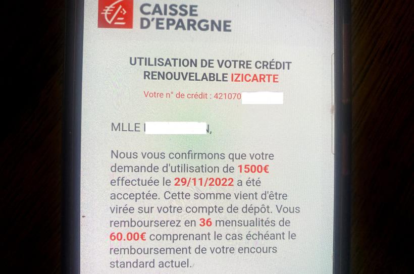 Le sms concernant le crédit à la consommation de 1 500 euros au profit du pirate.